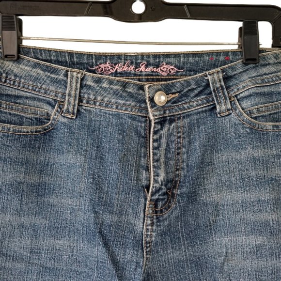 Kikit Jeans women blue jeans side metal stud accent flare bottom Size 6 - Picture 2 of 6